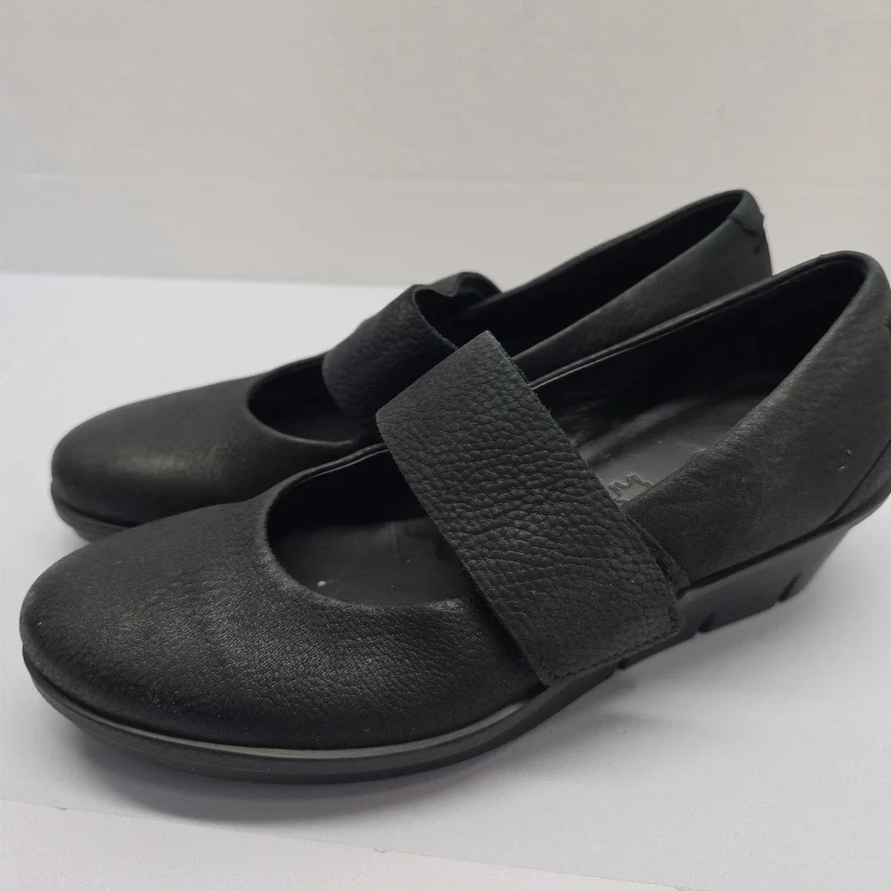 ECCO Felicia Black Leather Mary Jane Wedge Shoes 28604302001 Size 38 US 7-7.5